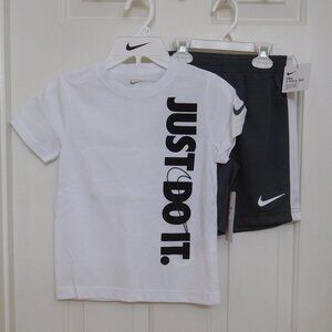 NWT 2pc Nike White Black Just Do It Logo Shirt & Gray White Shorts Set sz 3t